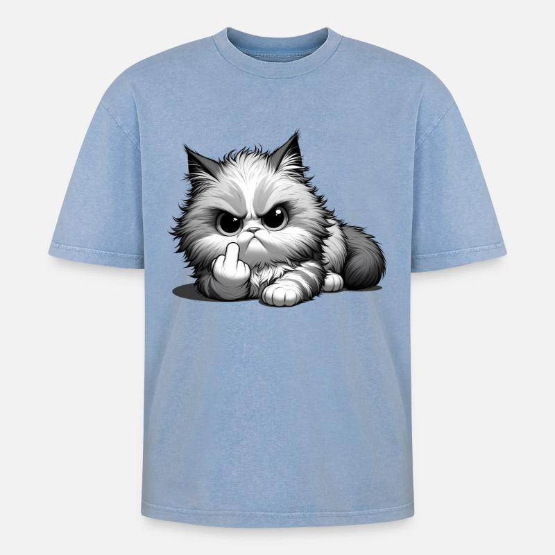 Grumpy Katze mit frechem Mittelfinger - Oversized Unisex Premium Acid-Washed T-Shirt - Blau Acid Wash