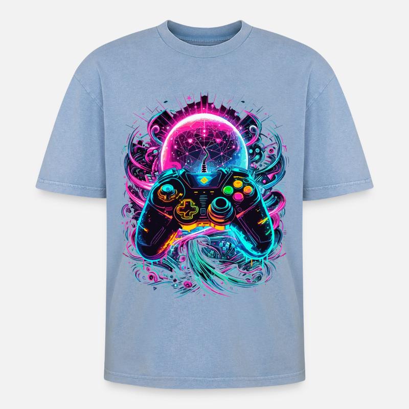 Synthwave Cyberpunk Gaming Controller - Oversized Unisex Premium Acid-Washed T-Shirt - Blau Acid Wash