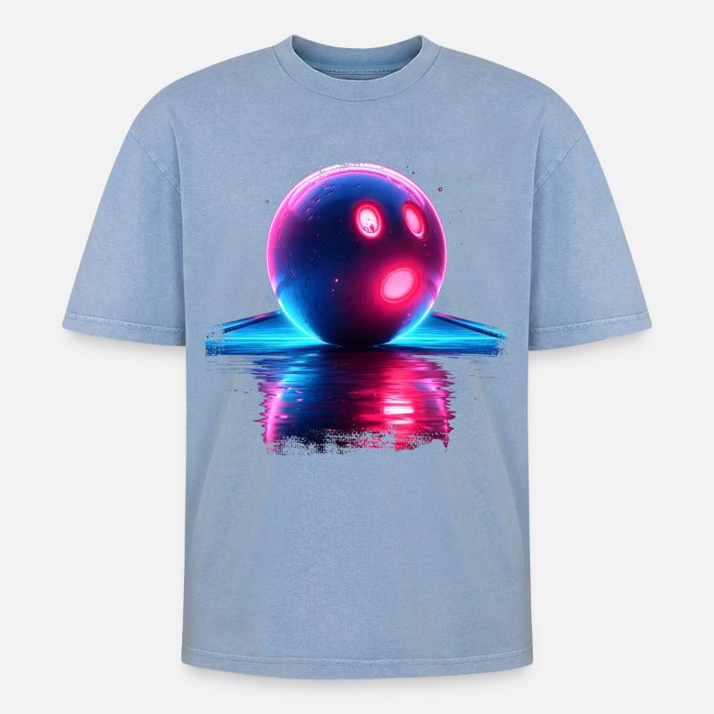 Bowling Retrowave - Oversized Unisex Premium Acid-Washed T-Shirt - Blau Acid Wash