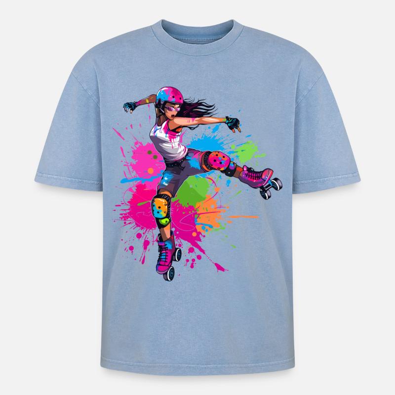 Roller Skater Mädchen - Oversized Unisex Premium Acid-Washed T-Shirt - Blau Acid Wash
