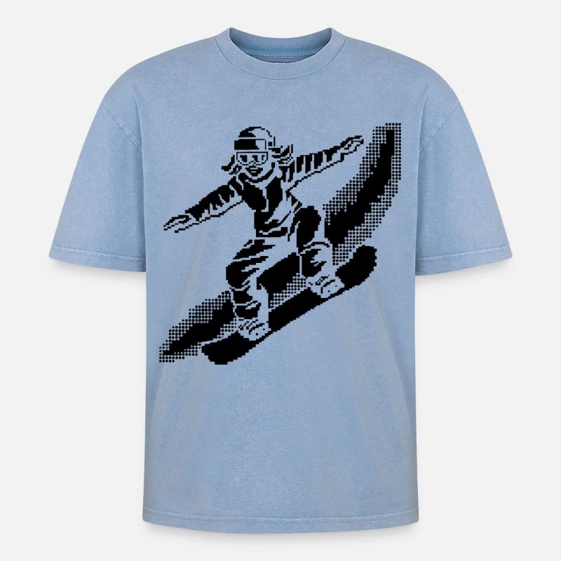 Snowboarder Pixel Art - Oversized Unisex Premium Acid-Washed T-Shirt - Blau Acid Wash
