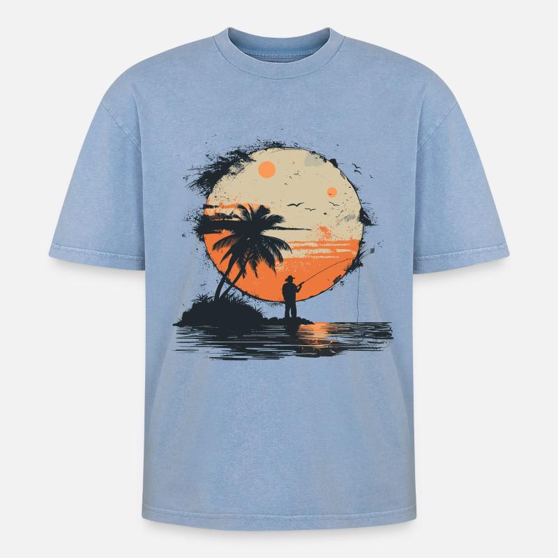 Fischen Grafik - Oversized Unisex Premium Acid-Washed T-Shirt - Blau Acid Wash