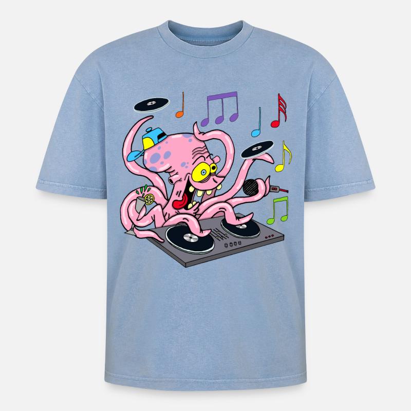 Deejay Oktopus - Oversized Unisex Premium Acid-Washed T-Shirt - Blau Acid Wash