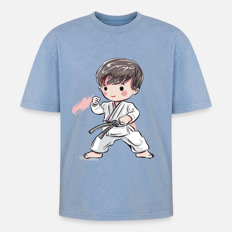 Karate Junge Comic Stil - Oversized Unisex Premium Acid-Washed T-Shirt - Blau Acid Wash