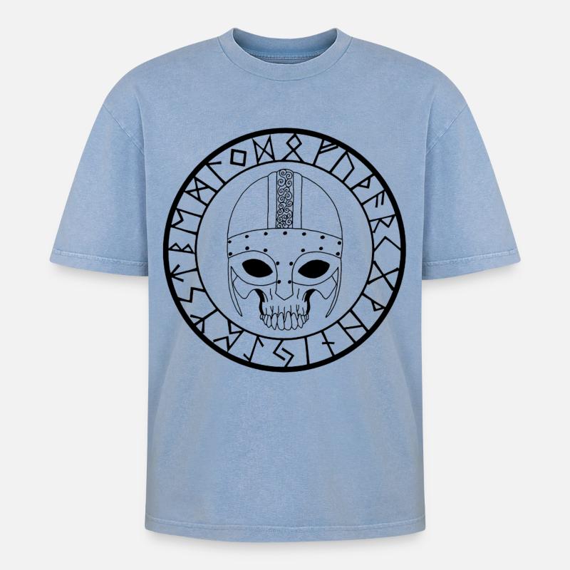 Wikinger Schädel (Schwarz) - Oversized Unisex Premium Acid-Washed T-Shirt - Blau Acid Wash