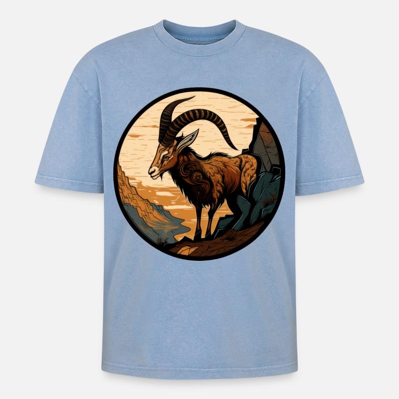 Steinbock - Oversized Unisex Premium Acid-Washed T-Shirt - Blau Acid Wash