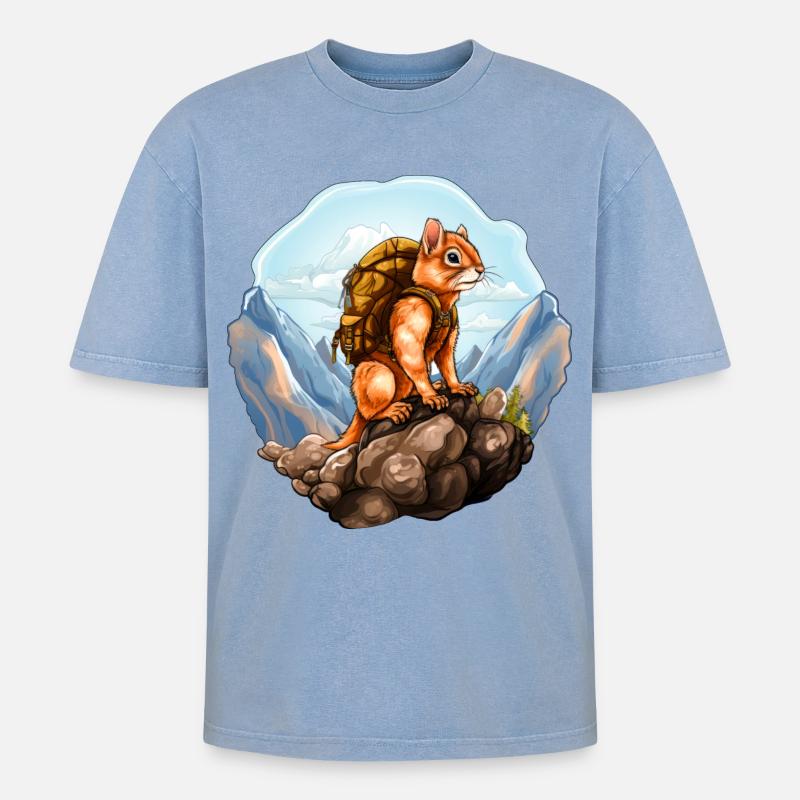 Eichhörnchen Bergsteiger / Wandern Eichhörnchen - Oversized Unisex Premium Acid-Washed T-Shirt - Blau Acid Wash