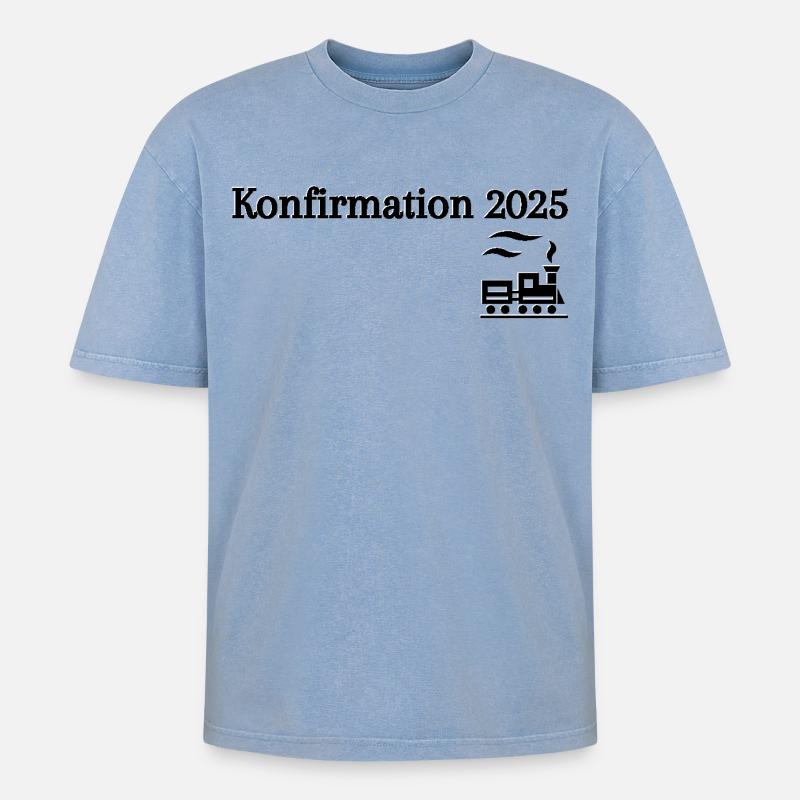 Konfirmation 2025 losfahrender Zug Reise - Oversized Unisex Premium Acid-Washed T-Shirt - Blau Acid Wash