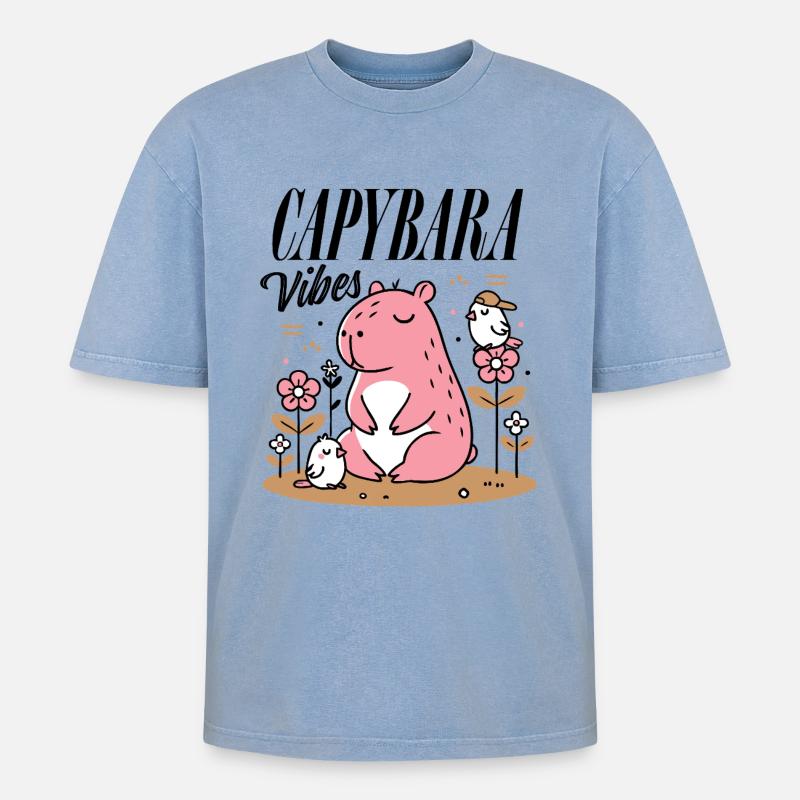 Entspanntes Capybara mit Freunden - Oversized Unisex Premium Acid-Washed T-Shirt - Blau Acid Wash