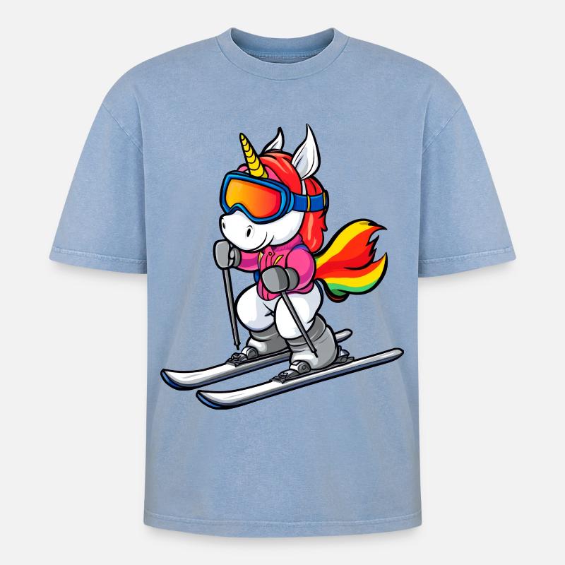 Ski Einhorn - Oversized Unisex Premium Acid-Washed T-Shirt - Blau Acid Wash