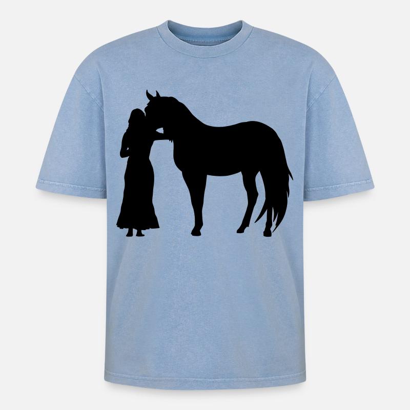 Frau mit Pferd - Oversized Unisex Premium Acid-Washed T-Shirt - Blau Acid Wash