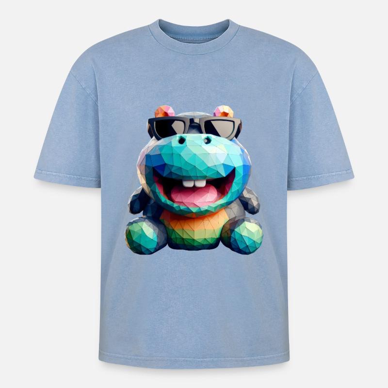 Nilpferd-Spaß - Oversized Unisex Premium Acid-Washed T-Shirt - Blau Acid Wash