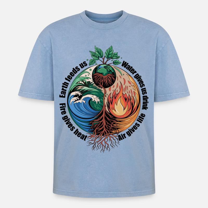 Vier-Elemente-Baum - Erde, Wasser, Feuer, Luft - Oversized Unisex Premium Acid-Washed T-Shirt - Blau Acid Wash