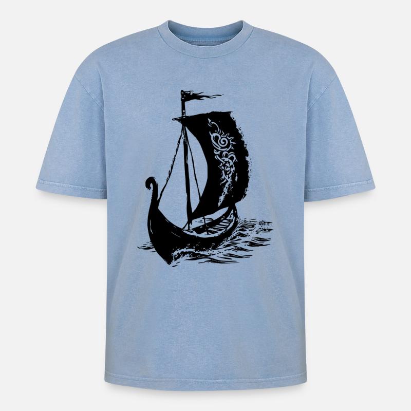 Wikinger-Langschiff - Oversized Unisex Premium Acid-Washed T-Shirt - Blau Acid Wash