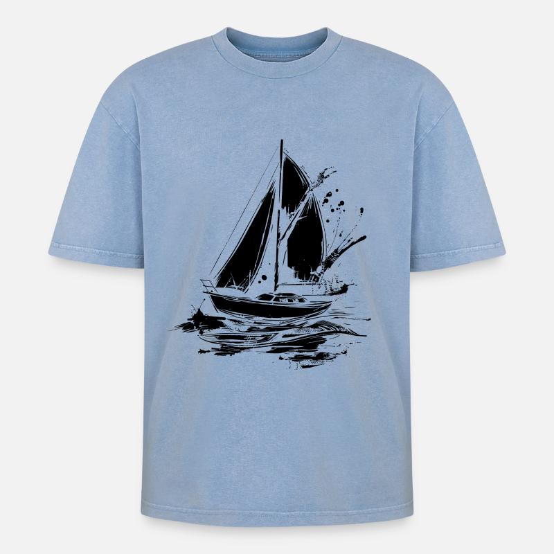 Segelboot - Oversized Unisex Premium Acid-Washed T-Shirt - Blau Acid Wash