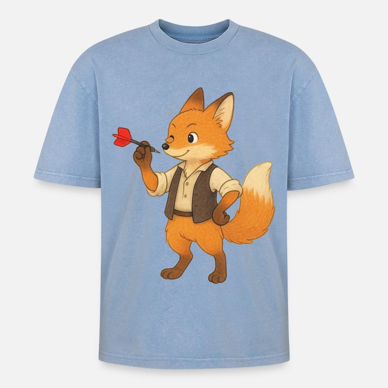 Fuchs beim Darten - Oversized Unisex Premium Acid-Washed T-Shirt - Blau Acid Wash