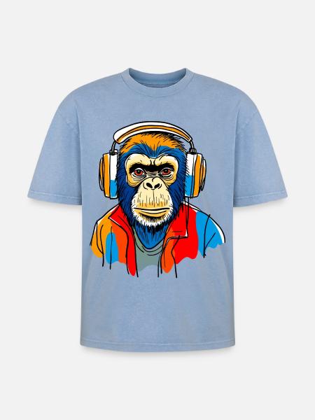 Singe avec casque - T-shirt Premium unisexe oversize acid-washed - bleu délavé acide