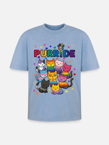 Purride LGBT Cats - Oversized Unisex Premium Acid-Washed T-Shirt - acid washed blue