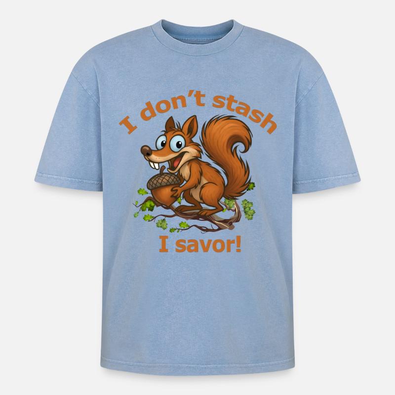 Verspieltes Eichhörnchen mit Eichel-Design - Oversized Unisex Premium Acid-Washed T-Shirt - Blau Acid Wash