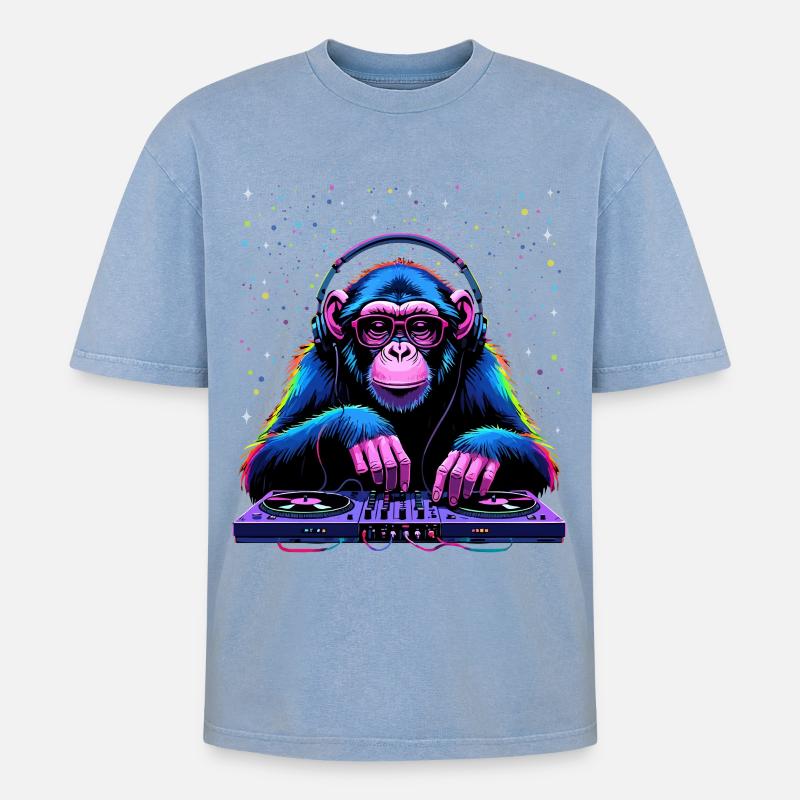 Bunter DJ-Affe mit Kopfhörern und Brille - Oversized Unisex Premium Acid-Washed T-Shirt - Blau Acid Wash
