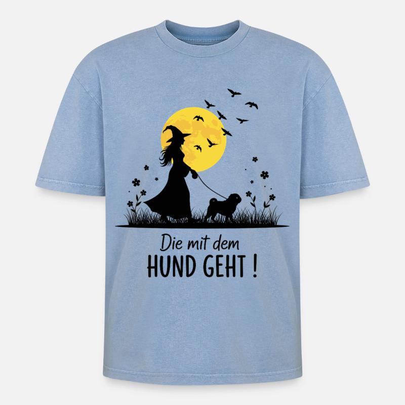 Die mit dem Mops geht ! - Oversized Unisex Premium Acid-Washed T-Shirt - Blau Acid Wash