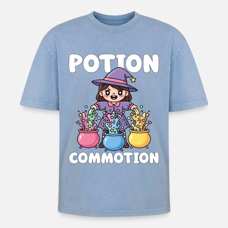 POTION COMMOTION - WITCH HALLOWEEN - Oversized Unisex Premium Acid-Washed T-Shirt - acid washed blue