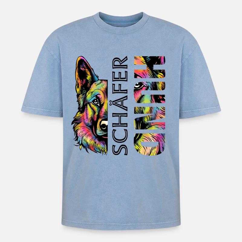 Bunter  Schäferhund - Oversized Unisex Premium Acid-Washed T-Shirt - Blau Acid Wash