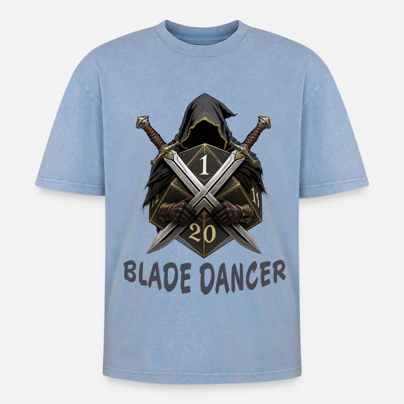 Blade Dancer – Kapuze mit zwei Schwertern - Oversized Unisex Premium Acid-Washed T-Shirt - Blau Acid Wash