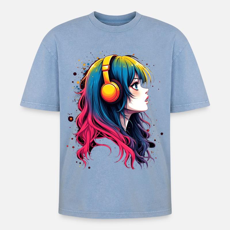 Farbiger Anime-Charakter mit Kopfhörer - Oversized Unisex Premium Acid-Washed T-Shirt - Blau Acid Wash