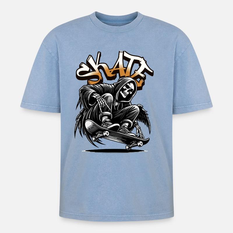 Skull Grim Reaper Skate Graffiti - Oversized Unisex Premium Acid-Washed T-Shirt - Blau Acid Wash