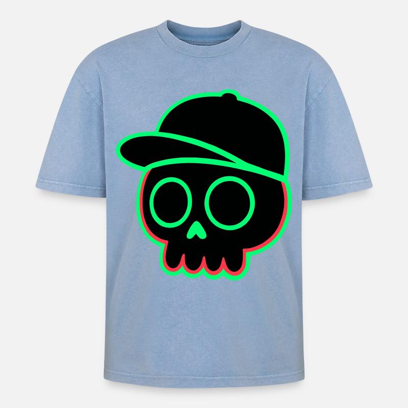 Neon Schädel Cap - Oversized Unisex Premium Acid-Washed T-Shirt - Blau Acid Wash