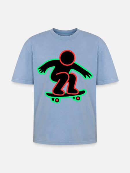 Neon Skateboarder Line Art - Oversized Unisex Premium Acid-Washed T-Shirt - acid washed blue