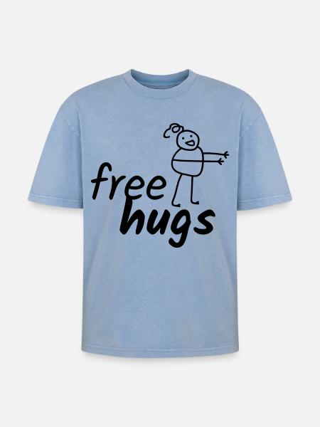Free Hugs - Oversized Unisex Premium Acid-Washed T-Shirt - Blau Acid Wash