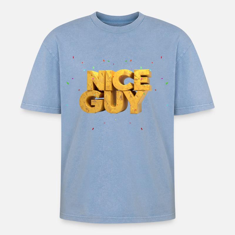 Nice Guy – Monumentale Sandstein-Buchstaben & Konf - Oversized Unisex Premium Acid-Washed T-Shirt - Blau Acid Wash