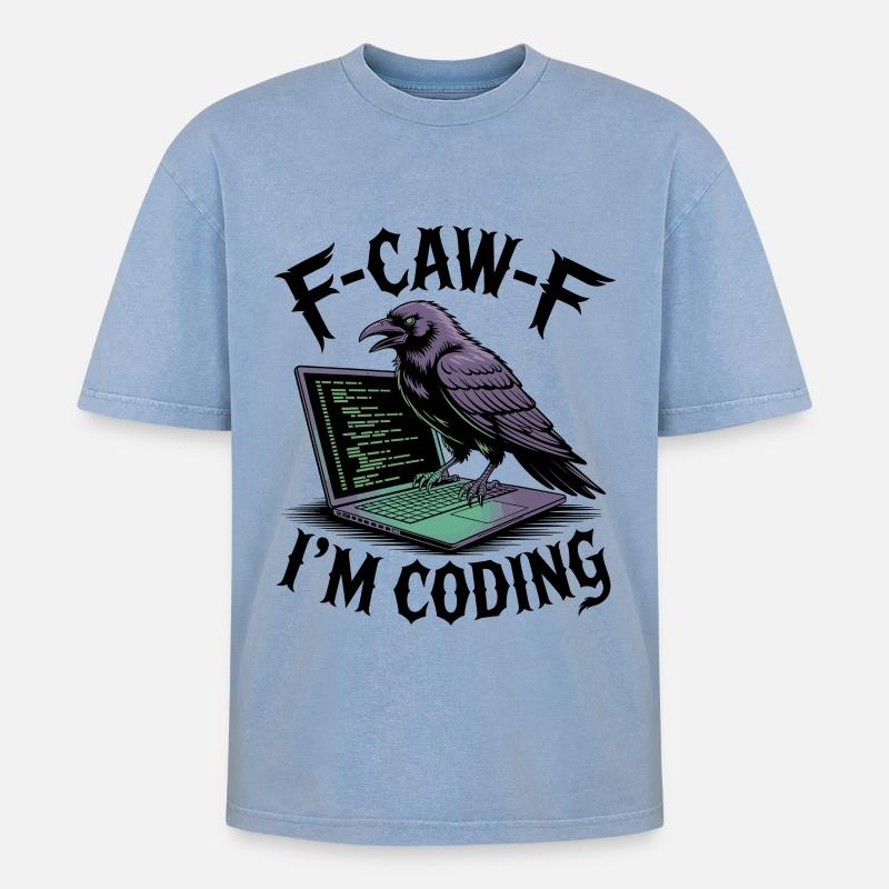 RabenCoder: Code Raven am Laptop - Oversized Unisex Premium Acid-Washed T-Shirt - Blau Acid Wash