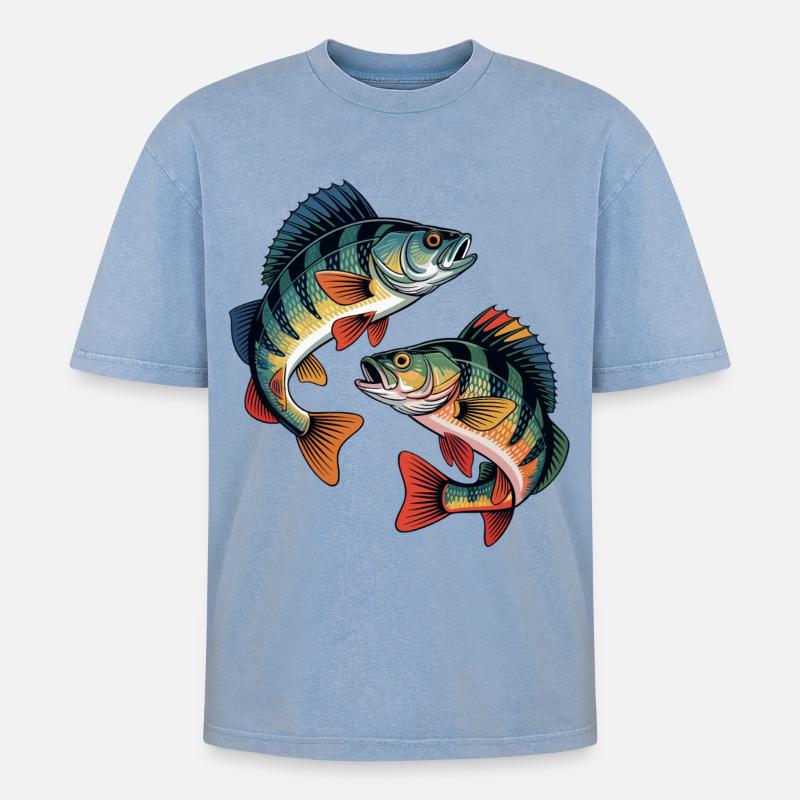 Zwei springende Barsche - Oversized Unisex Premium Acid-Washed T-Shirt - Blau Acid Wash