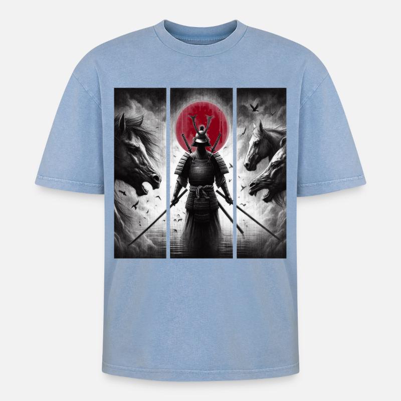 Samurai - Oversized Unisex Premium Acid-Washed T-Shirt - Blau Acid Wash