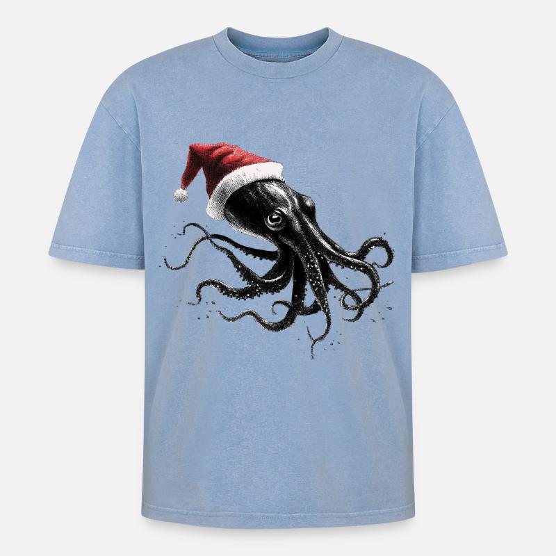 Weihnachtskrake mit Weihnachtsmütze - Oversized Unisex Premium Acid-Washed T-Shirt - Blau Acid Wash