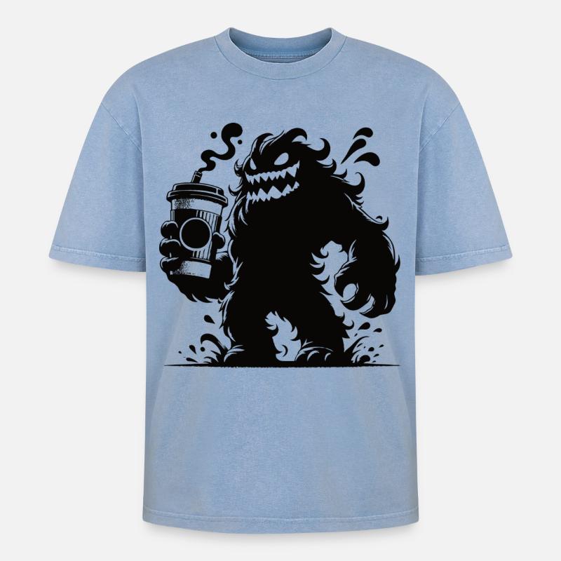 Lustiges Kaffeemonster Comic Design - Oversized Unisex Premium Acid-Washed T-Shirt - Blau Acid Wash