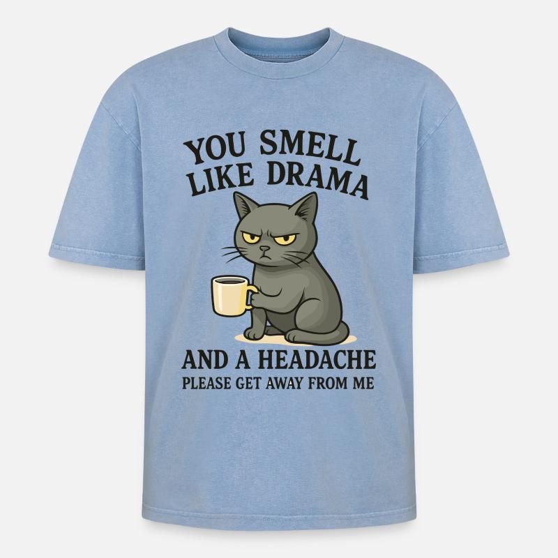 Grimmige Katze mit Kaffee Spruch - Oversized Unisex Premium Acid-Washed T-Shirt - Blau Acid Wash
