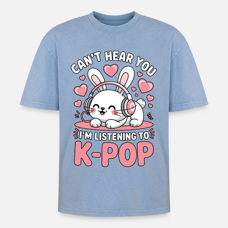 K-Pop Bunny mit Kopfhörern - Oversized Unisex Premium Acid-Washed T-Shirt - Blau Acid Wash