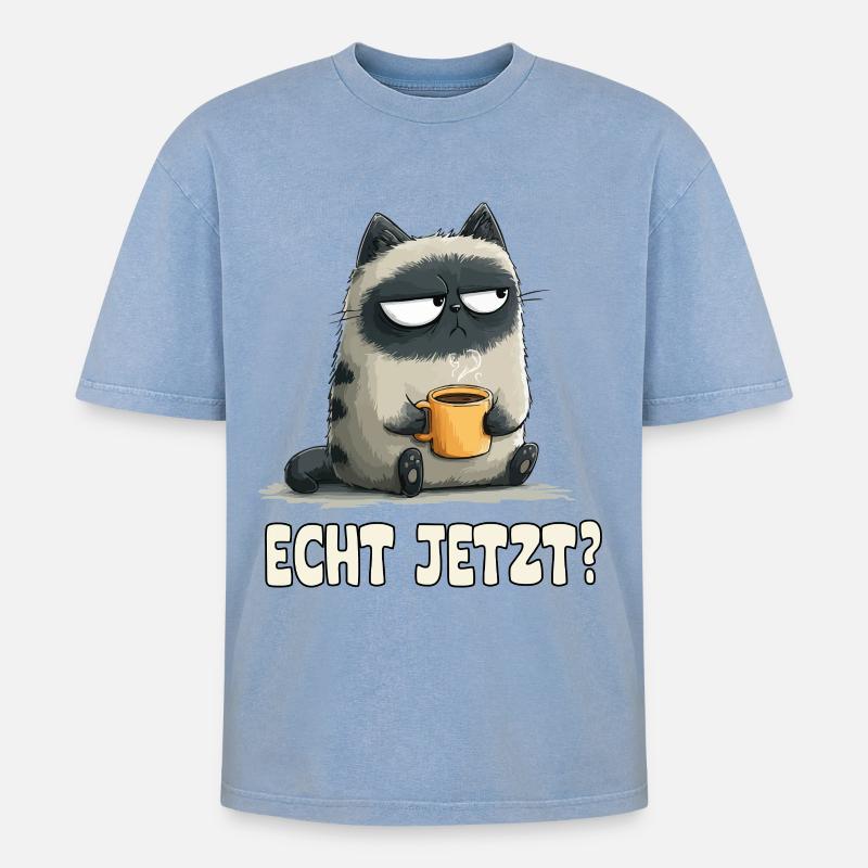 Grummelkatze mit Kaffee - Oversized Unisex Premium Acid-Washed T-Shirt - Blau Acid Wash