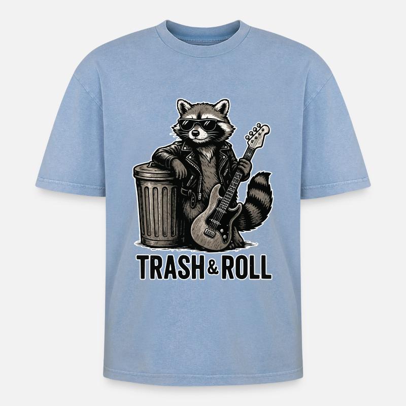 Trash & Roll Waschbär mit Gitarre - Oversized Unisex Premium Acid-Washed T-Shirt - Blau Acid Wash