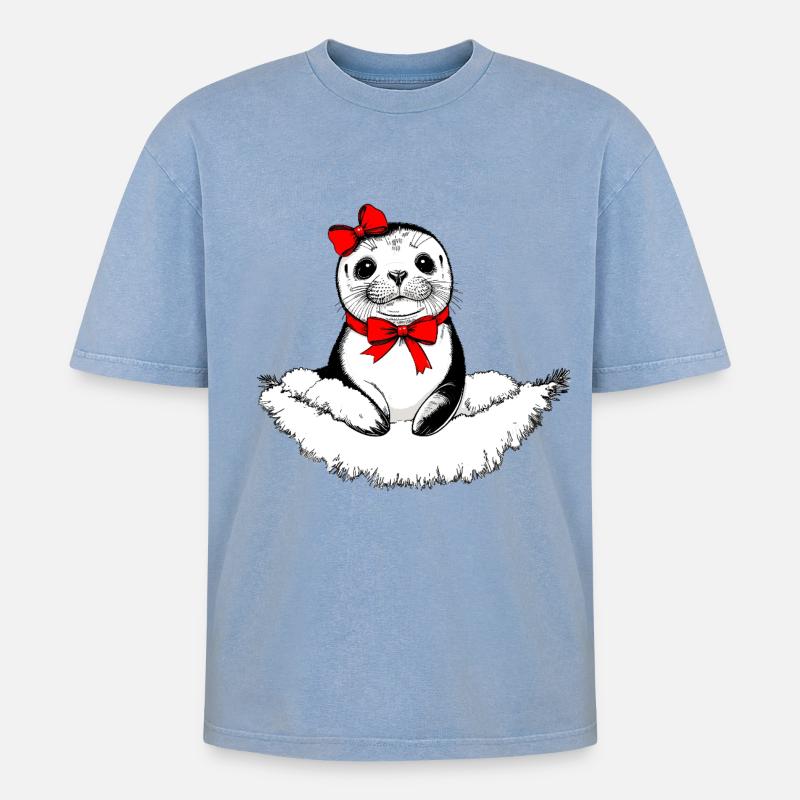 Phoque Bow-tiful – Édition de Noël - T-shirt Premium unisexe oversize acid-washed - bleu délavé acide
