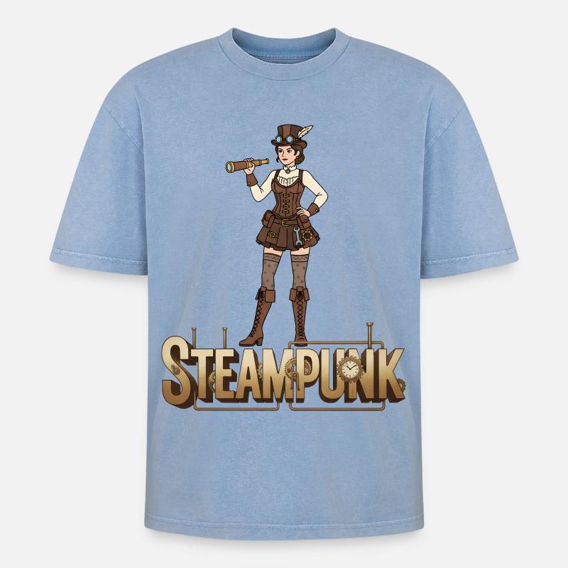 Steampunk - Oversized Unisex Premium Acid-Washed T-Shirt - Blau Acid Wash