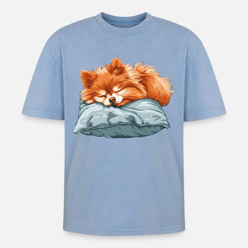 Sleeping Spitz on pillow - Oversized Unisex Premium Acid-Washed T-Shirt - acid washed blue
