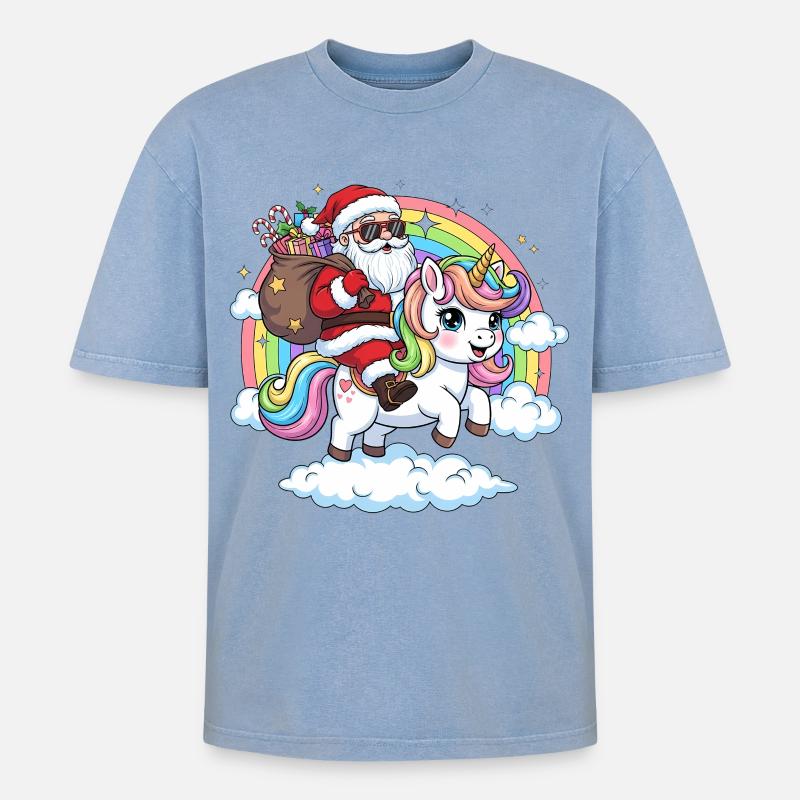 Weihnachtsmann Einhorn  - Oversized Unisex Premium Acid-Washed T-Shirt - Blau Acid Wash