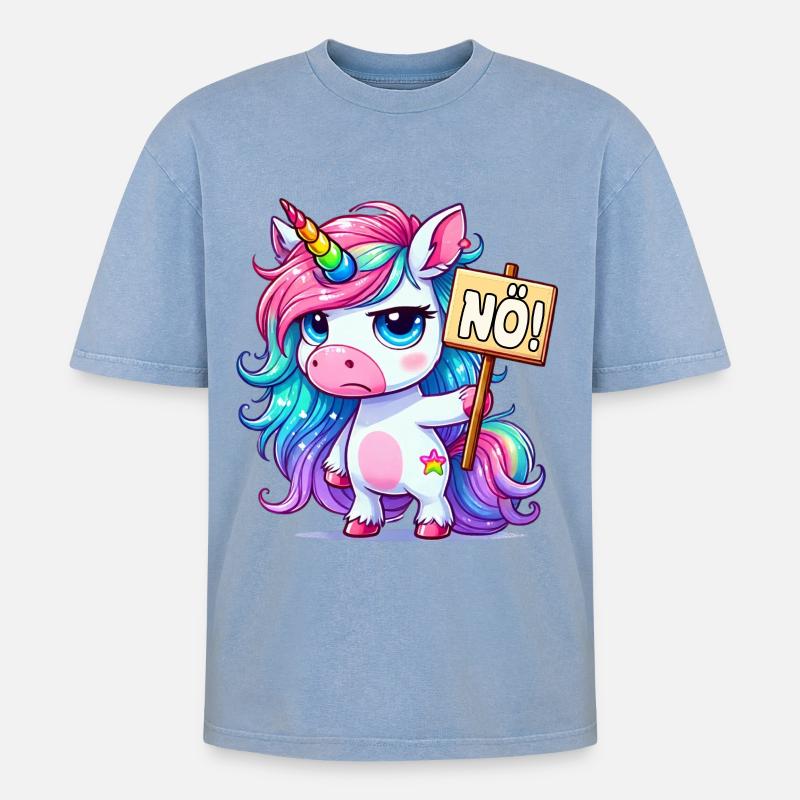 Regenbogen-Einhorn mit Nein-Schild - Oversized Unisex Premium Acid-Washed T-Shirt - Blau Acid Wash