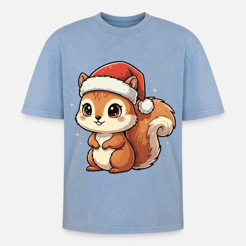 Weihnachts Eichhörnchen mit Santa Hut - Oversized Unisex Premium Acid-Washed T-Shirt - Blau Acid Wash