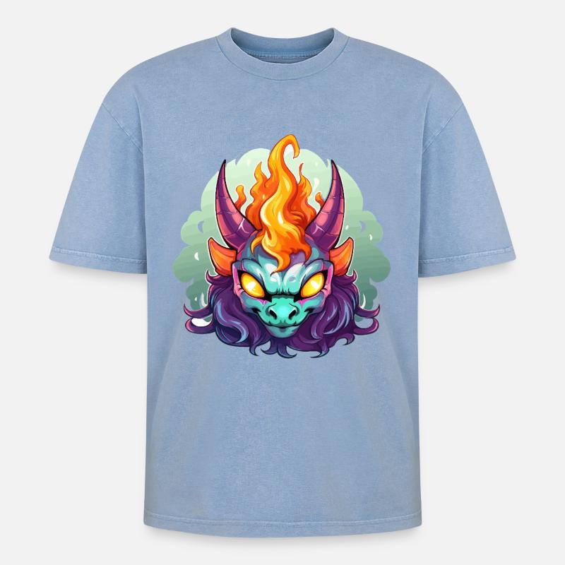 Flammenkopf Dämonengesicht - Oversized Unisex Premium Acid-Washed T-Shirt - Blau Acid Wash